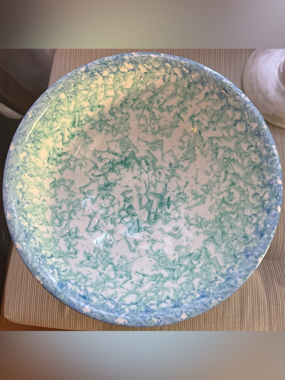 Italian Handpainted Green Blue White Sponge Art Ceramic Vintage Serving Bowl - Picture 3 of 4